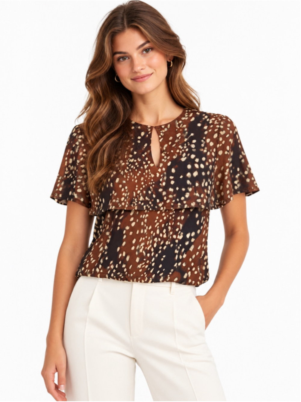 Steve Madden Brown Beige Animal Print Flutter Sleeve Blouse Size S NWT